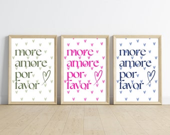 More Amore Por Favor Poster Typographic Design Set of 3 Gallery Wall Art Green Pink Blue Love Quotes