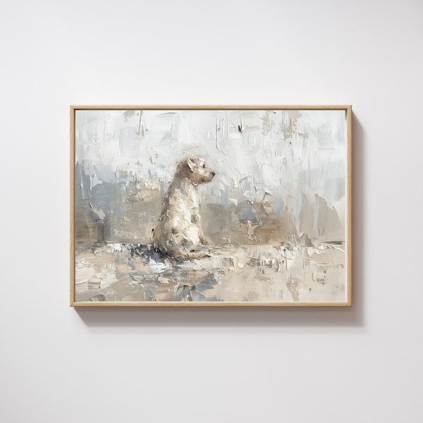 Neutral Tones Oil Painting Dog Vintage Art Puppy Poster Gray and Beige Tones Digital Download Instant Art Printable at Home