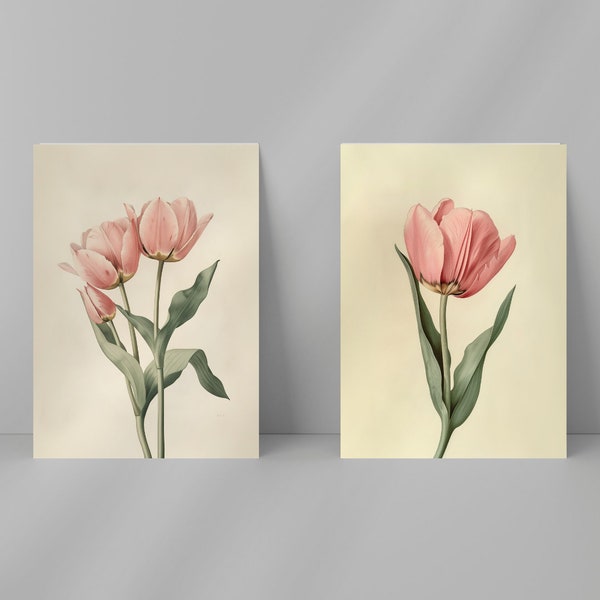 Tulip Vintage Gallery Flower Wall Art Set of 2 rose Tulips Boho Style Farmhouse Chic Cottage Core Botanical Wall Decor Printable at Home