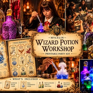 May include: A Mycelin Wizard Potion Workshop printable party kit featuring a Potion of Frozen Cloud recipe card, a potion ingredients sheet, and various glass bottles filled with colorful liquids and glowing lights for a magical theme.
