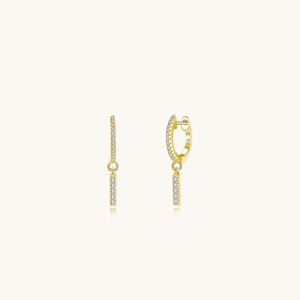 Dangle CZ Bar Drop Huggie Hoop Earrings, Rhodium & Gold Plated Sterling Silver Hypoallergenic For Sensitive Ear, Minimalist Modern Design