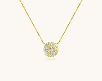 Gold Plated Sterling Silver CZ Pave Circle Necklace
