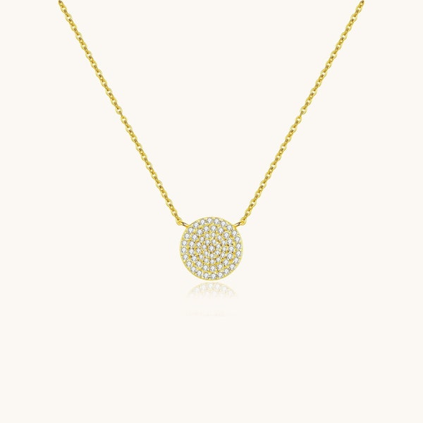 Diamond Stimulant Pave Circle Disc Necklace, Rhodium & Gold Plated Sterling Silver Hypoallergenic For Sensitive Skin, Gift For Her 12mm, 18"