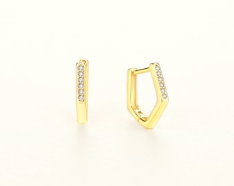 Simple Mini Pentagon Huggie Hoop Earrings, AAA CZ Rhodium & Gold-Plated 925 Sterling Silver, Minimalist Geometric Earrings Gift for Her