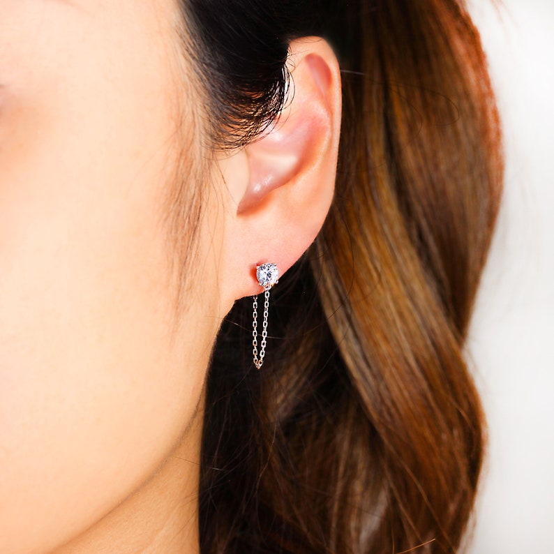 Diamond Chain Stud Earrings 14K Gold Plated 925 Sterling Etsy