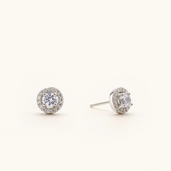 Sterling Silver 925 Halo Stud Earrings, Rhodium & Gold Plated, AAA Cubic Zirconia, Hypoallergenic for Sensitive Skin