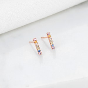 Diamond Simulant Bar Stud Earrings Multi-Color Stones, Rhodium & Gold Plated Sterling Silver Hypoallergenic For Sensitive Skin, Gift For Her