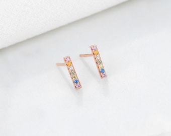 Diamond Simulant Bar Stud Earrings Multi-Color Stones, Rhodium & Gold Plated Sterling Silver Hypoallergenic For Sensitive Skin, Gift For Her