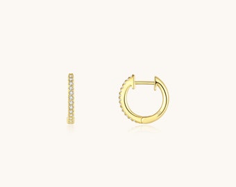 Dainty Mini Huggie Hoop Earrings, Rhodium & Gold Plated Sterling Silver Hypoallergenic, Cubic Zirconia Pave Petite Ear Hugger, 9mm Mini Hoop