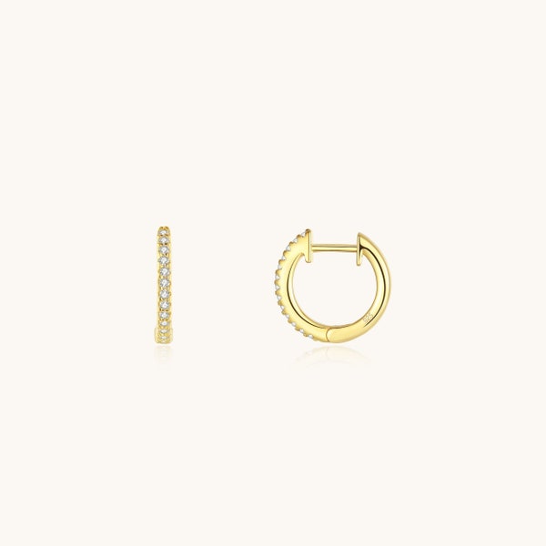 Dainty Mini Huggie Hoop Earrings, Rhodium & Gold Plated Sterling Silver Hypoallergenic, Cubic Zirconia Pave Petite Ear Hugger, 9mm Mini Hoop