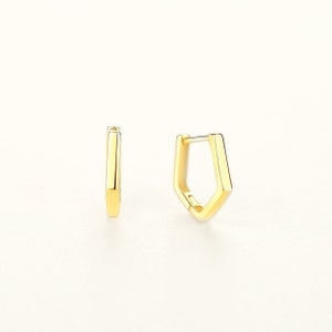 Simple Mini Pentagon Huggie Hoop Earrings, Plain Rhodium & Gold-Plated 925 Sterling Silver, Minimalist Geometric Earrings Gift for Her