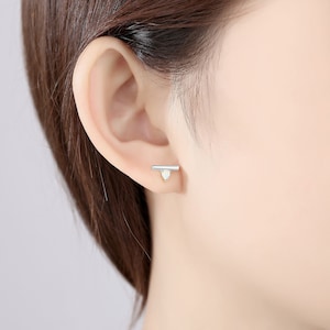 Plain Silver Bar Created White Opal Stud Earrings, Rhodium & Gold Plated Sterling Silver Hypoallergenic For Sensitive Skin, Gift For Her