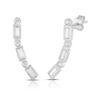 Baguette Diamond Ear Clawer Earrings, Rhodium & Gold Plated Sterling Silver Hypoallergenic For Sensitive Skin, Gift For Her