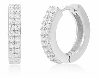 Double Diamond Hoop Earrings, Rhodium & Gold Plated Sterling Silver Hypoallergenic For Sensitive Skin, Gift For Her