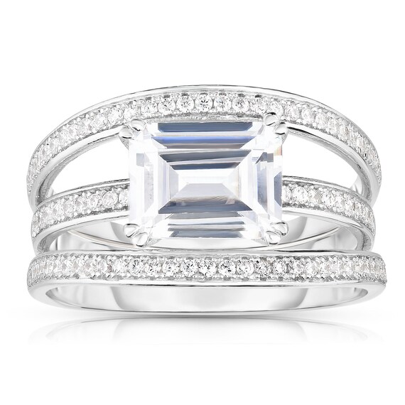 Emerald Cut Diamond Engagement Ring Rhodium Gold Plated Sterling