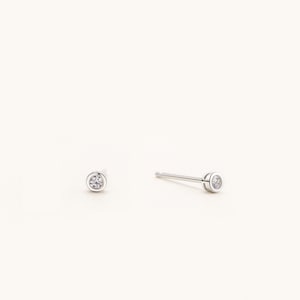 Minimalist Tiny Bezel Stud Earrings, Rhodium & Gold Plated Sterling Silver Hypoallergenic For Sensitive Ear, Brilliant Round CZ 2mm-4mm