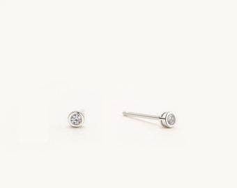 Minimalist Tiny Bezel Stud Earrings, Rhodium & Gold Plated Sterling Silver Hypoallergenic For Sensitive Ear, Brilliant Round CZ 2mm-4mm