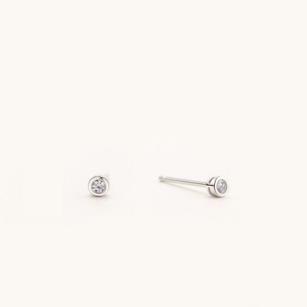 Minimalist Tiny Bezel Stud Earrings, Rhodium & Gold Plated Sterling Silver Hypoallergenic For Sensitive Ear, Brilliant Round CZ 2mm-4mm