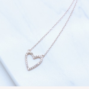 Hollow Open Heart Shape Pave CZ Chain Necklace, Rhodium & Gold Plated Sterling Silver Hypoallergenic For Sensitive Skin, 18&quot;
