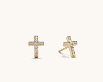 CZ Cross Stud Earrings: 14K Gold Plated Sterling Silver