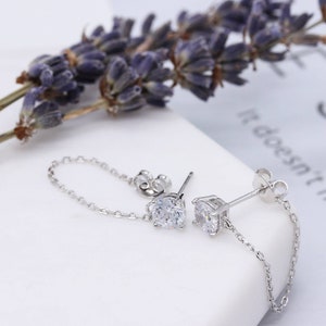 CZ Stud On Chain Earrings, Rhodium & Gold Plated Sterling Silver Hypoallergenic For Sensitive Skin, Gift For Her