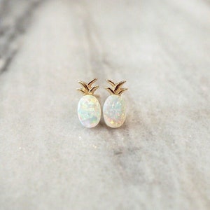 Created Opal Pineapple Stud Earrings, Rhodium & Gold Plated Sterling Silver Hypoallergenic For Sensitive Ear, Tropical Beach Theme Gift Idea