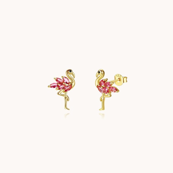 Pink Flamingo Stud Earrings, Marquise Shape Synthetic Ruby CZ, Rhodium & Gold Plated Sterling Silver Hypoallergenic For Sensitive Skin, Gift