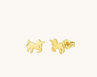 Plain Finish Unicorn Stud Earrings, Rhodium & Gold Plated Sterling Silver Hypoallergenic For Sensitive Skin, Fairy Novelty Theme Mini Gift