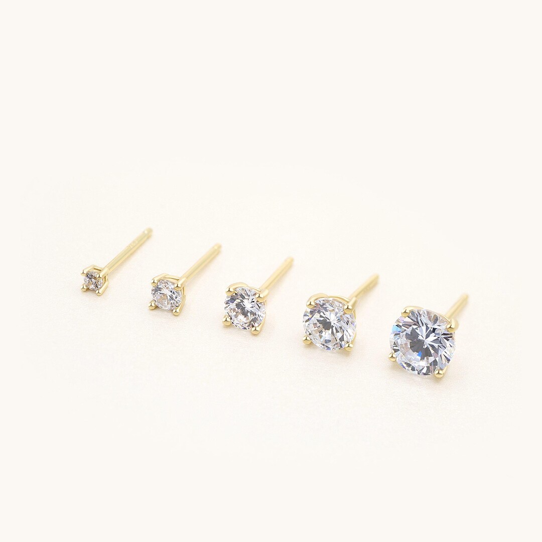 Dainty Cubic Zirconia Studs: 14K Gold Plated Sterling Silver Earrings ...