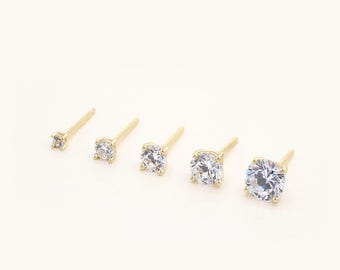 Dainty Cubic Zirconia Studs: 14K Gold Plated Sterling Silver Earrings