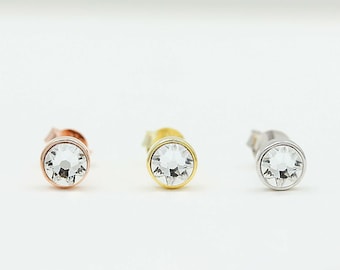 Swarovski Crystal Bezel Set Earrings Rhodium & Gold Plated Sterling Silver Hypoallergenic For Sensitive Skin, Gift For Her
