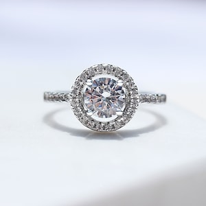 1 Carat Halo Engagement Ring Rhodium Plated Sterling Silver Hypoallergenic For Sensitive Skin, Gift For Her, Size 5-8