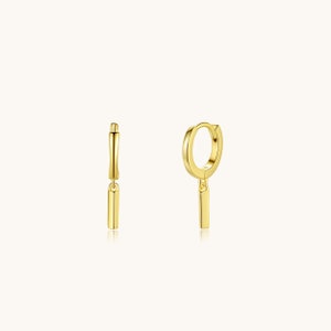Huggie Hoop Dangle Bar Drop Earrings, 925 Plain Sterling Silver,  14K Gold Plated, Rhodium Plated, Hypoallergenic For Sensitive Skin