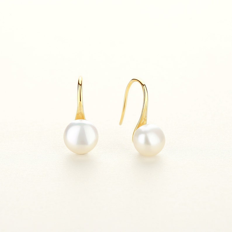 Simple Button Freshwater Pearl Drop Earrings, Rhodium & Gold-Plated 925 Sterling Silver, Hypoallergenic for Sensitive Skin, Minimalist Every Yellow Gold