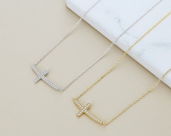 Sideways Cross Cable Chain Necklace, Rhodium & Gold Plated Sterling Silver Hypoallergenic Gift For Her