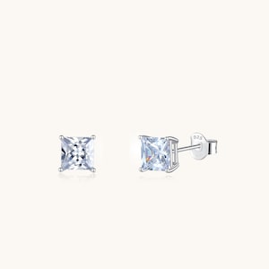 Princess Cut Stud Earrings, Rhodium Plated Sterling Silver Hypoallergenic For Sensitive Ear, Square CZ Studs 6mm-8mm, Butterfly Pushbacks