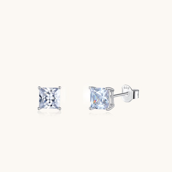 Princess Cut Stud Earrings, Rhodium Plated Sterling Silver Hypoallergenic For Sensitive Ear, Square CZ Studs 6mm-8mm, Butterfly Pushbacks