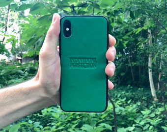 Cubierta trasera de cuero para iPhone con protección lateral para parachoques