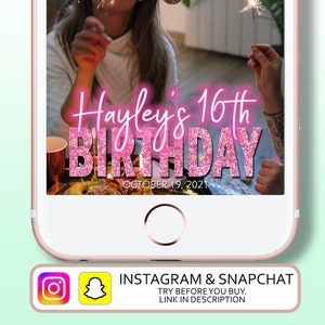 Made to order Snapchat and Instagram Filter.  Comes with Printable QR Code Sign File. Glitter Neon Birthday Filter. Party Favor FILT003