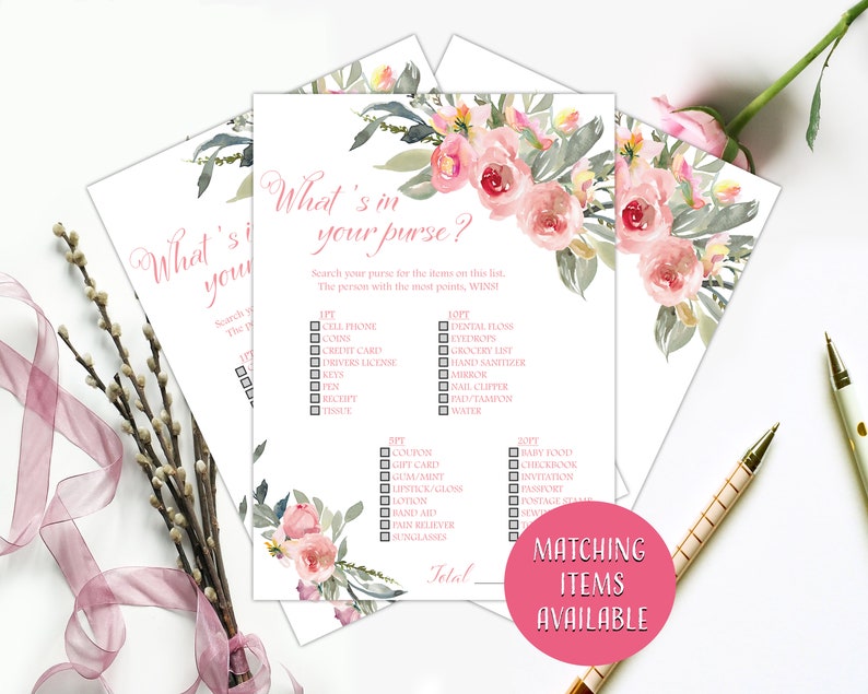 Pink Baby Shower Games Printable Baby Shower Games What/'s In Your Purse Game Pink Floral Baby Shower A01