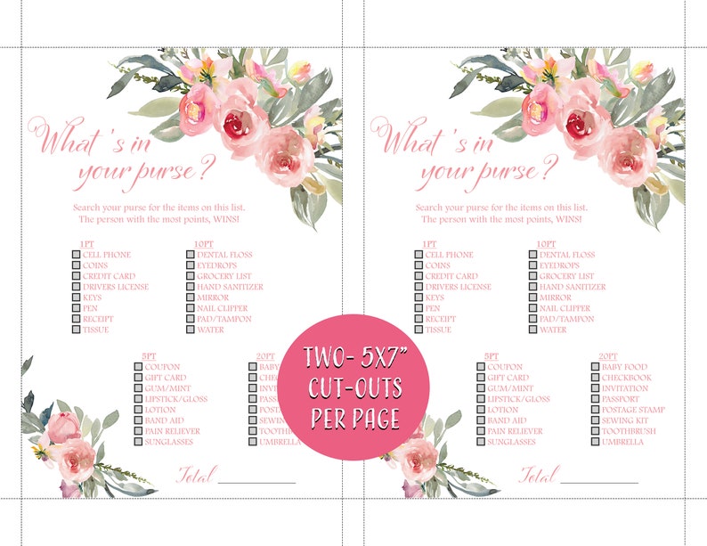 Pink Baby Shower Games Printable Baby Shower Games What/'s In Your Purse Game Pink Floral Baby Shower A01