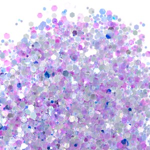May include: A close-up of iridescent glitter in shades of purple, blue, and white. The glitter is scattered on a white background.