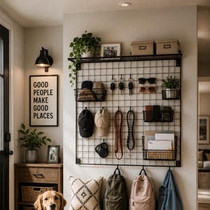 May include: A black metal wall grid organizer with hooks, baskets, and shelves holding hats, bags, keys, and sunglasses. Below, a wooden bench with a metal frame features a patterned pillow, two backpacks, a denim jacket, and shoes underneath.