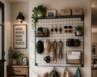 Entryway Wall Organizer with Shelf | Family Command Center | Metal Grid Organizer | Mudroom Storage Rack | Hallway Organizer