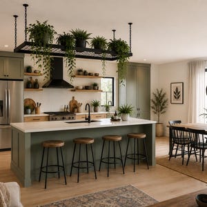 May include: A kitchen featuring a large island with a white countertop and four wooden stools with black metal legs. Above the island hangs a black metal rack filled with green potted plants. The kitchen includes sage green cabinets, a stainless steel refrigerator, and a wooden dining table with black chairs.