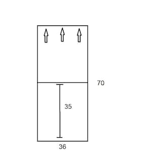 May include: A black and white line drawing of a rectangular shape divided into two sections. The top section is 70 inches tall and the bottom section is 35 inches tall. The bottom section is 36 inches wide.