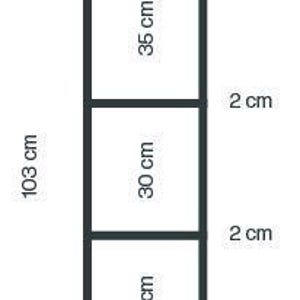 Könnte beinhalten: Ein schwarzes rechteckiges Regal mit drei Fächern. Das Regal ist 103 cm hoch und 30 cm breit. Das obere Fach ist 35 cm hoch, die unteren beiden jeweils 30 cm. Der Rahmen ist 2 cm dick.
