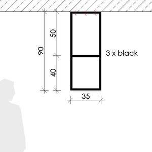 May include: A black rectangular design with dimensions labeled in centimetres: 35 cm wide, 40 cm and 50 cm high, with a total height of 90 cm. The text "3 x black" is also present. The design is against a white background.