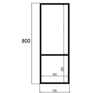 May include: A black and white architectural drawing of a cabinet or shelving unit. The overall height is 800 units, with a lower section measuring 300 units high and 330 units wide. The interior section is 300 units wide.