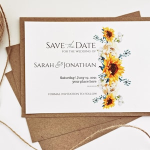 Sonnenblume Save the Date Karten, Hochzeitseinladung, Hochzeitsankündigung, Sonnenblumen auf schimmerndem Perlmuttpapier